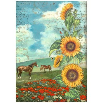 Rižin papir A4 - Sunflower Art and horses - papir za decoupage