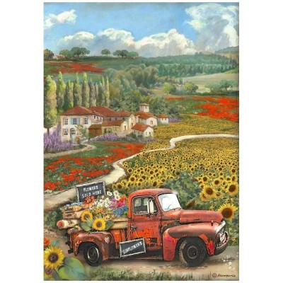 Rižin papir A4 - Sunflower Art vintage car - papir za decoupage